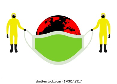 flat people in yellow protective suit hold green protection medical face mask for protect world map globe, stock vector illustration clipart design element isolated on white background with copy space