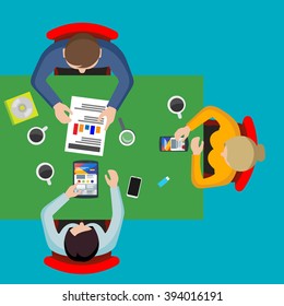 Flat people's top view, which searching of ideas with phones, tablets and infographics