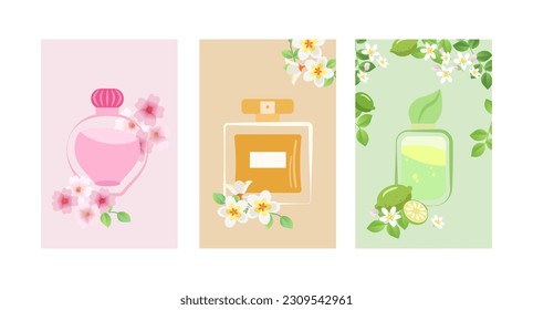 Flat Perfume, Cologne ad template. Perfume Bottles with flowers, leaves, branches and fruits.