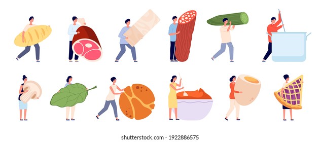 Flat person cooking. Food cook service, woman cutting products. People prepare dinner lunch, happy restaurant or home kitchen utter vector set