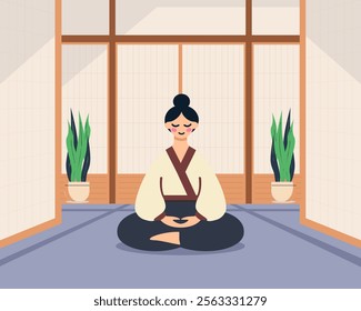 flat person illustration doing meditation, yoga, peace of mind