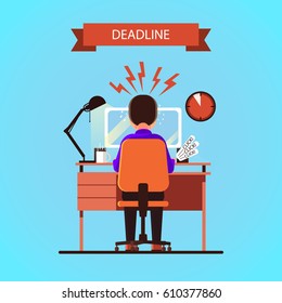 Flat person works in a hurry vector illustration. Deadline concept.