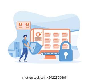 Flat Personal Cyber Data Security User mit Schild Log in Schutz Web Access Control Konzept. flache Vektorgrafik, moderne Illustration 