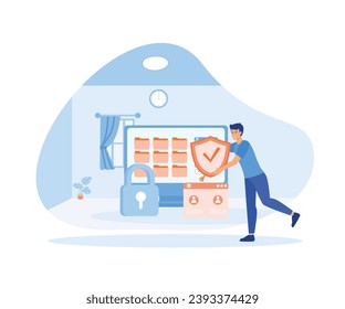 Flat personal cyberspace data security man user with shield log in protection web access control concept. flat vector modern illustration
