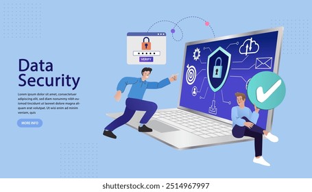 Flat personal cyberspace data security man user with shield log in protection web access control concept. Password reset illustration on Computer. Update personal data. security in the Internet.