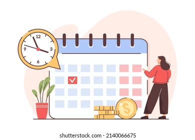 Flat personal financial bill payment calendar. Woman check pay schedule or payroll. Tax, loan, deadline debt or income due date concept. Payday in time for employee. Monthly budget or salary planning.