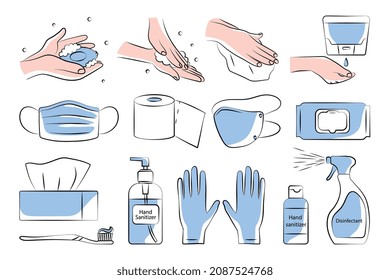 Flat Personal Hygiene Set mit Waschhandschuh Sanitäter medizinische Maske Toilette Zahnbürstenhandschuhe einzeln Vektorgrafik
