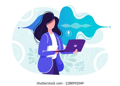 Flat personal online assistant illustration. Office girl with laptop microphone dynamic icon, sound waves. UI, UX, mobile app, web site concept for voice recognition landing page design