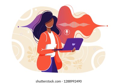 Flat personal online assistant illustration. Office girl with laptop microphone dynamic icon, sound waves. UI, UX, mobile app, web site concept for voice recognition landing page design