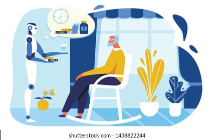 Flat Personal Robot Assistant Gives Pills and Water to Elderly in Rocking Chair. Cartoon Programmed Medication List and Dose Timing. Artificial Intelligent Humanoid. Robotic Nurse. Vector Illustration