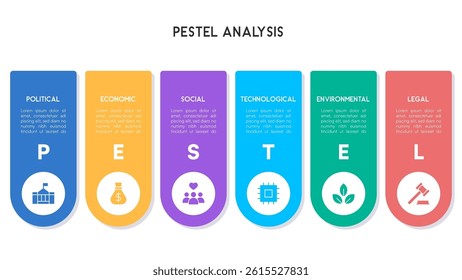 Flat PESTEL Analysis Infographic with Rounded Vertical Segments and Business Icons for Strategic Evaluation Vector Illustration