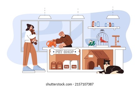 Flat Pet Shop With Domestic Animals. Customers Choose Pets. Store Inside Interior With Counter And Ginger Kitty, Dogs, Bird, Fish In Aquarium And Bird In A Cage. Animal Food And Accessories On Shelves