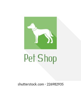 Flat pet shop logo with dog and hand drawn text, doggy sign for pet salon or store icon, vector illustration
