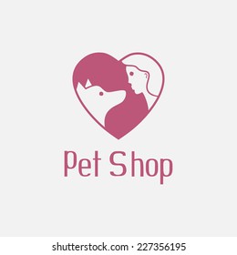 Flat pet shop logo with dog and man in heart are best friends, loved doggy sign for pet salon or store icon, vector illustration