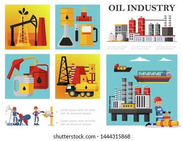 Flat Petroleum Industry Composition With Petrochemical Plant Drilling Rig Derrick Fuel Truck Tankers Industrial Workers Oil Barrels Cans Gas Station Pump Vector Illustration 