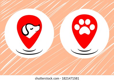 Flat pets gps logo design. Dog map marker vector. Animal walking takes care with location position. Navigation sign for pet web app. Cute happy puppy.