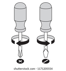 Flat and phillips head screwdriver. Arrow shows screw in and unscrew. Vector illustration. 