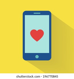 Flat phone icon with heart.