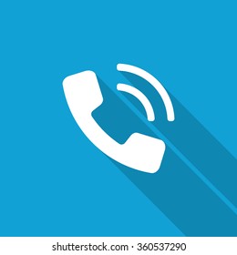 Flat Phone icon with long shadow on blue backround