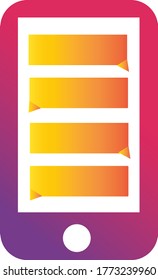 A flat phone icon or symbol showing the messaging bubbles which portrays chatting between two people designed with purple love and orange gradient.