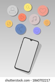 Flat phone with icons of social network. Concept of social media. Mobile template.  Distance communication. Vector illustration.