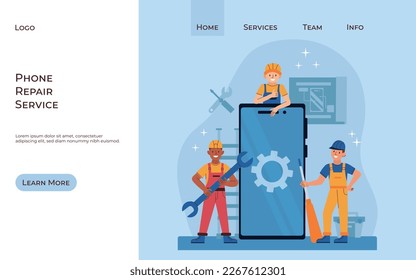 Flat phone repair service web site page with happy tech support engineers and smartphone vector illustration