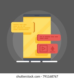 Flat phone template with chat messenger on screen. Vector illustration on gray background. Speech bubbles over phone