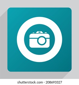 flat photo camera icon, white on green background 