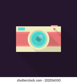 Flat photo camera, with long shadow. Photo camera, with lens, flash, and shutter release button. Flat design. Easy to edit. Vector illustration - EPS10.