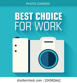 Flat photo camera with a long shadow on the background with the slogan. Vector illustration concept design