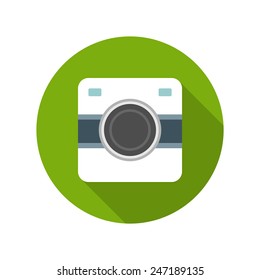 Flat Photographer Professional Retro Photo Camera icon design and long shadow vector illustration for website and promotion banners. 