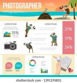 Flat photographing infographic concept with photographer in different poses camera female hand holding photo frames diagrams graphs vector illustration
