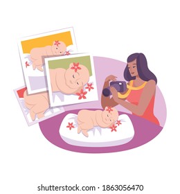 Flat photography composition with woman taking photos of newborn baby vector illustration