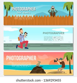 Flat photography horizontal banners with paparazzi animal photographer photo of night sea and dolphins vector illustration