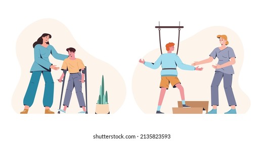 Flat physiotherapist help kids patient recovery from surgery or injury of leg. Teenage boys training, walking on crutches with doctor support in rehabilitation center. Physical therapy, body treatment