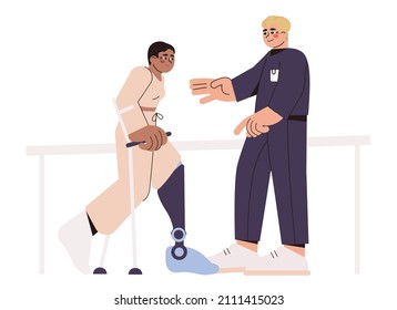 Flat physiotherapy doctor help patient to walk on prosthesis. Guy with crutches after amputation surgery. Man with prosthetic leg perform exercises for mobility. Physical rehabilitation center concept