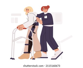 Flat physiotherapy doctor help patient to walk with rehab walkers. Physiotherapist support woman after surgery. Medical rehabilitation concept. Exercises for recovery and mobility leg after injury.