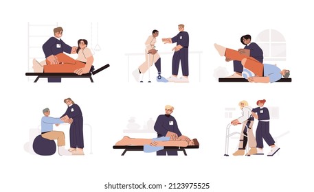 Flat Physiotherapy Doctors Take Care Of People Rehab. Physical Therapist Or Orthopedic Help Patient Recovery After Leg, Knee Or Back Injuries. Exercises With Medical Equipment In Rehabilitation Clinic