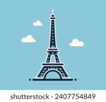 Flat pictogram of the Eiffel Tower on background of blue sky with clouds. Vector graphics