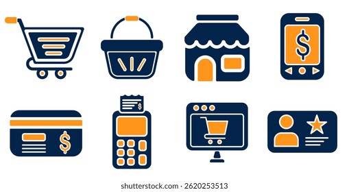 Flat pictogram style icon collection representing online shopping, digital transactions, and retail commerce. Includes cart, basket, store, mobile wallet, credit card, receipt, POS terminal, and user 
