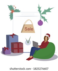
Flat picture for banner: Christmas online shopping. Women is ordering Christmas gifts at home online, gift delivery. Christmas sale