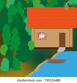 Flat picture of a house located in the forest near the lake