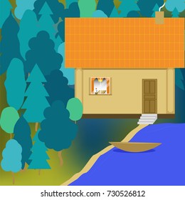 Flat picture of a house located in the forest near the lake