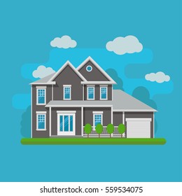 The flat picture with the image of the house with the garage and trees. Suburban american house. Country cottage. Family home. Flat design vector illustration.