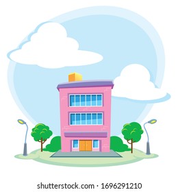 The flat picture with the image of the pink cartoon house. Vector illustration.