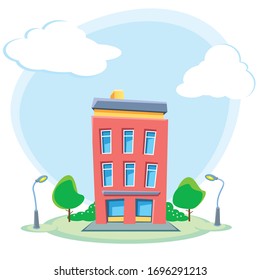 The flat picture with the image of the red cartoon house. Vector illustration.