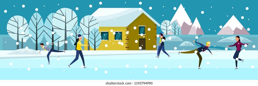 Flat picture made in blue yellow and purple. People skate on the frozen lake in the background of the house. For postcards, posters, banners, design illustration.