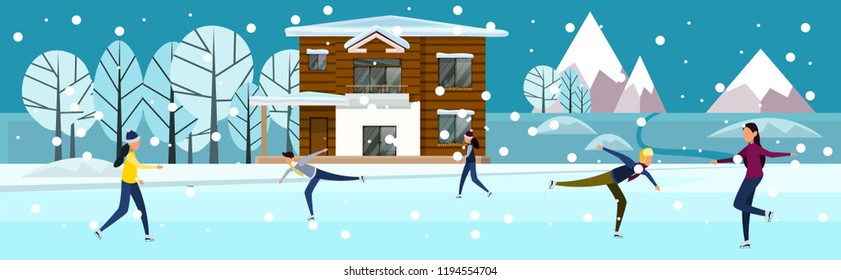 Flat picture made in blue yellow and purple. People skate on the frozen lake in the background of the house. For postcards, posters, banners, design illustration.