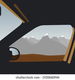 Flat picture of the view from the car window. Vector image of mountains and meadows from the car. Contemporary painting. Design for posters, postcards, textiles, paintings, backgrounds.