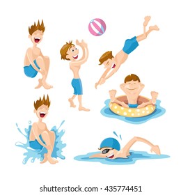 Flat pictures set of boys wich play and swim in the pool. Vector illustrations isolate on white background